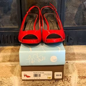 Patent leather peep toe slingback